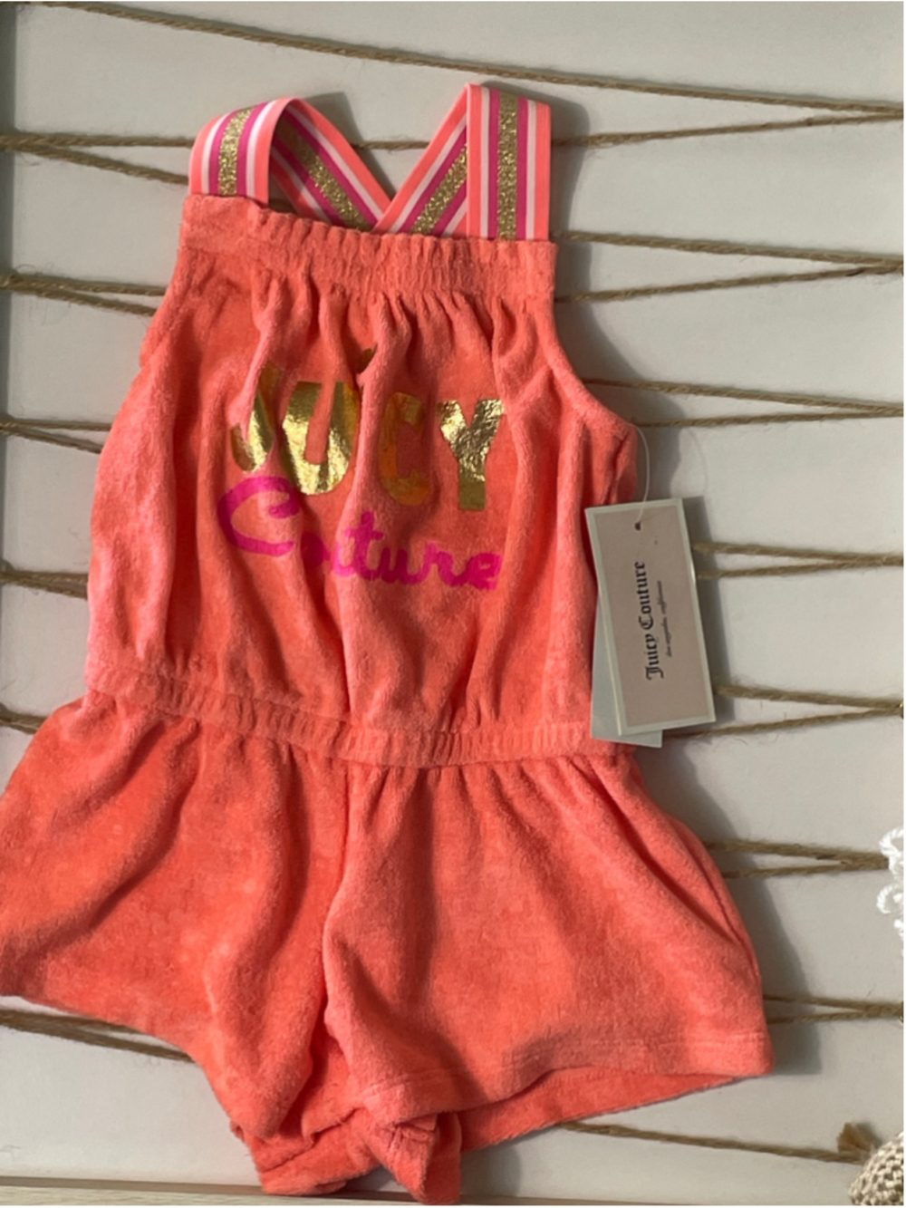 NWT Juicy Couture Baby Girl Terry Cloth Romper Coral Gold Logo 18 Months